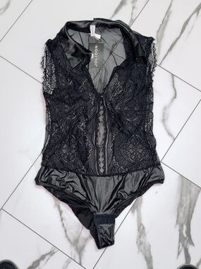 Black Lace Satin-Trim Bodysuit